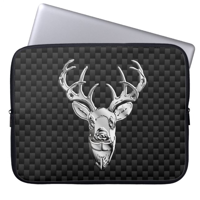 Silver Deer on Carbon Fiber Style Print Laptop Sleeve (Front)