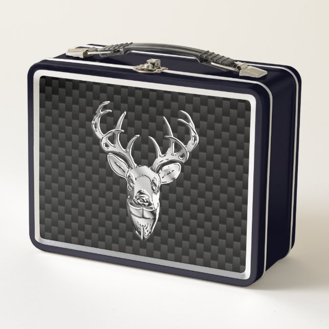 Silver Deer on Carbon Fiber Style Print Metal Lunch Box (Front)