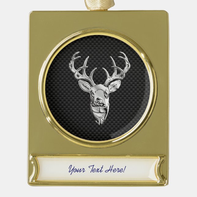 Silver Deer Trophy on Carbon Fiber Style Print Gold Plated Banner Ornament (Front)