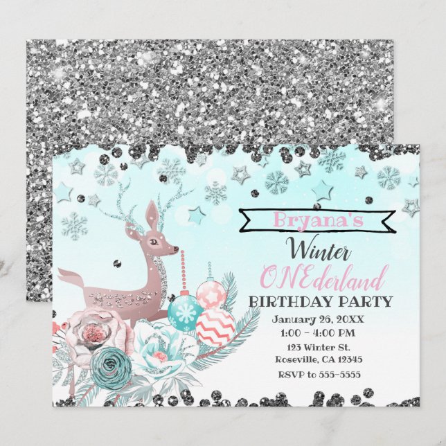 Silver Deer Winter ONEderland 1st Birthday Party Invitation (Front/Back)