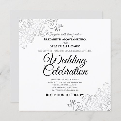 Silver Delicate Filigree Elegant Square Wedding Invitation