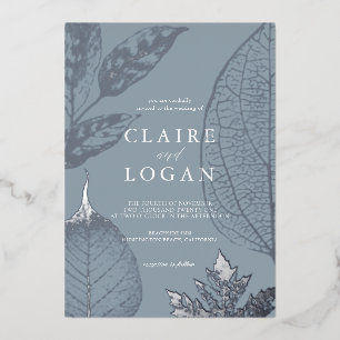 Silver Delicate Leaves Dusty Blue Wedding Foil Invitation