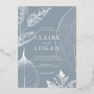 Silver Delicate Leaves Dusty Blue Wedding Foil Invitation
