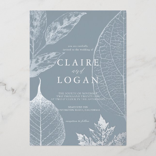 Silver Delicate Leaves Dusty Blue Wedding Foil Invitation (Front)