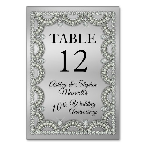 Silver  Diamond 10th Wedding Anniversary Party Table Number