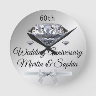 Silver Diamond 60th Anniversary Gift for Wife on Round Clock