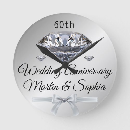 Silver Diamond 60th Anniversary Gift for Wife on  Round Clock
