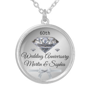 Silver Diamond 60th Anniversary Gift for Wife on Silver Plated Necklace