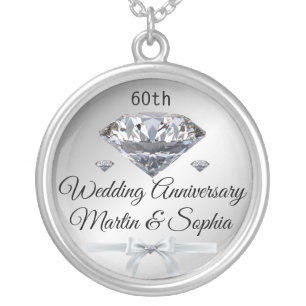 Silver Diamond 60th Anniversary Gift for Wife on Silver Plated Necklace