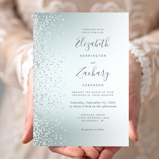 Silver Diamond Confetti Aqua Ombre Wedding Invitation (Creator Uploaded)