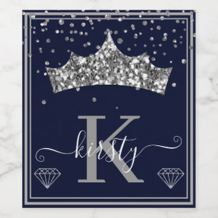 Silver Diamond Confetti & Glitter Tiara Wine Label