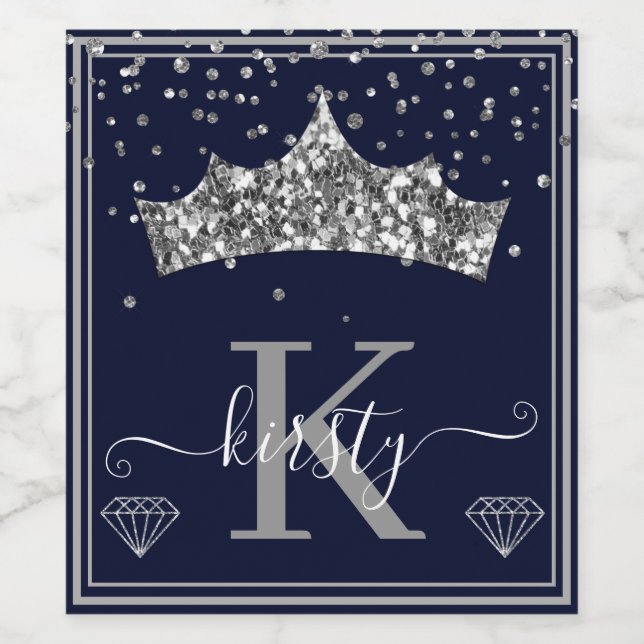 Silver Diamond Confetti & Glitter Tiara Wine Label (Single Label)