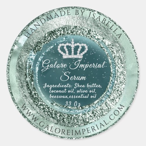 Silver Diamond Crown Blue Frame Mint Green Glitter Classic Round Sticker