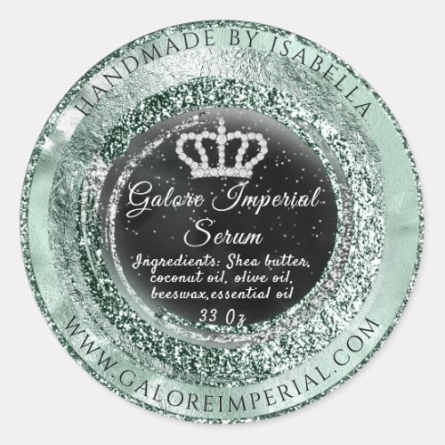 Silver Diamond Crown Mint Green Glitter Royal  Classic Round Sticker