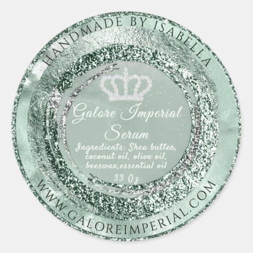 Silver Diamond Crown Mint Green Glitter Royal  Classic Round Sticker