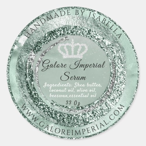 Silver Diamond Crown Pastel Green Glitter Royal  Classic Round Sticker