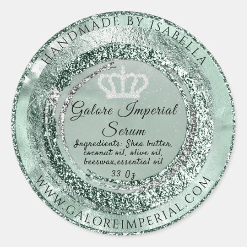 Silver Diamond Crown Teal Green Glitter Royal  Classic Round Sticker