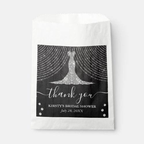 Silver Diamond Dress on Black Wood Bridal Shower Favor Bag