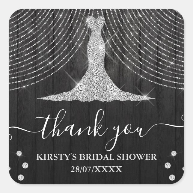 Silver Diamond Dress on Black Wood Bridal Shower Square Sticker (Front)