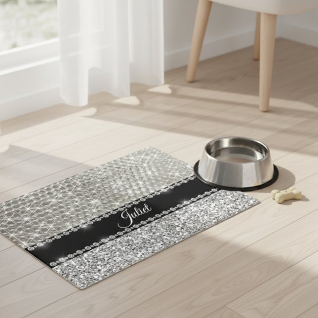Silver Diamond Faux Glitter Look Dog Cat Placemat (Creator Uploaded)