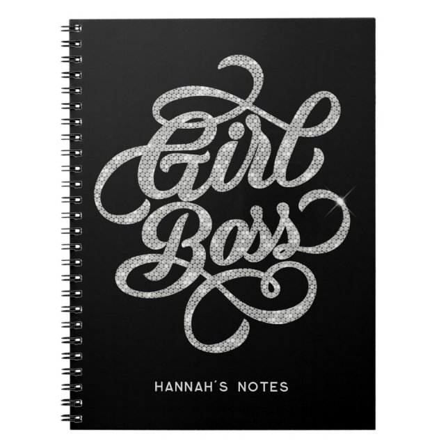 Silver Diamond Glam Girl Boss Typography Black Notebook (Front)