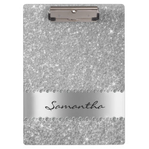 Silver Diamond Glitter Bling Girly Name Clipboard
