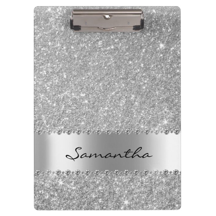 Silver Diamond Glitter Bling Girly Name Clipboard