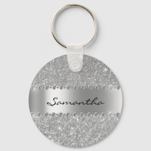 Silver Diamond Glitter Bling Metallic Monogram Keychain