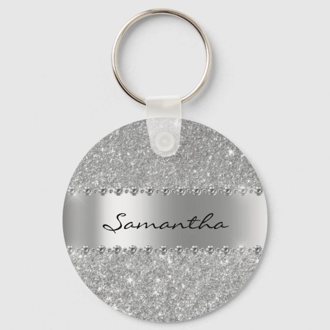Silver Diamond Glitter Bling Metallic Monogram Keychain (Front)