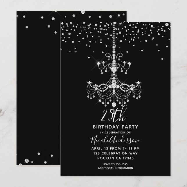 Silver Diamond Glitter Chandelier Birthday Party Invitation (Front/Back)