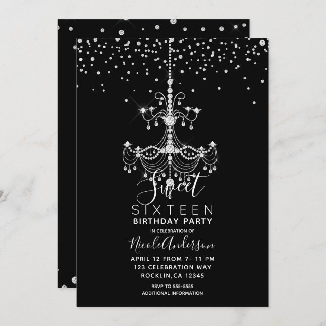 Silver Diamond Glitter Chandelier Sweet 16 Party Invitation (Front/Back)