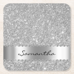 Silver Diamond Glitter Look Bling Sparkle Square Paper Coaster