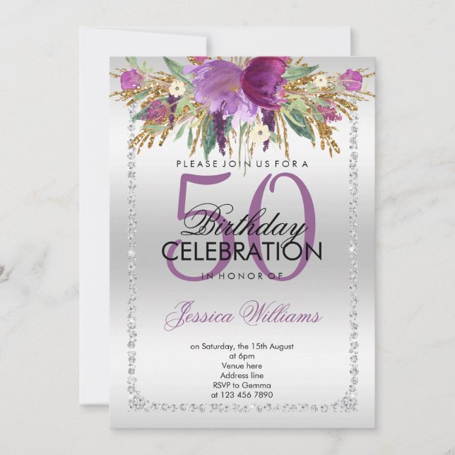Silver Diamond Glitter Watercolor Flowers Birthday Invitation (Front)