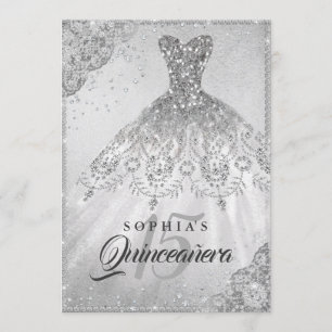 Silver Diamond Lace Sparkle Gown Quinceanera Invitation