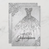 Silver Diamond Lace Sparkle Gown Quinceanera Invitation (Front/Back)