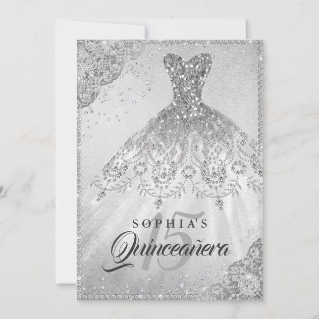 Silver Diamond Lace Sparkle Gown Quinceanera Invitation (Front)