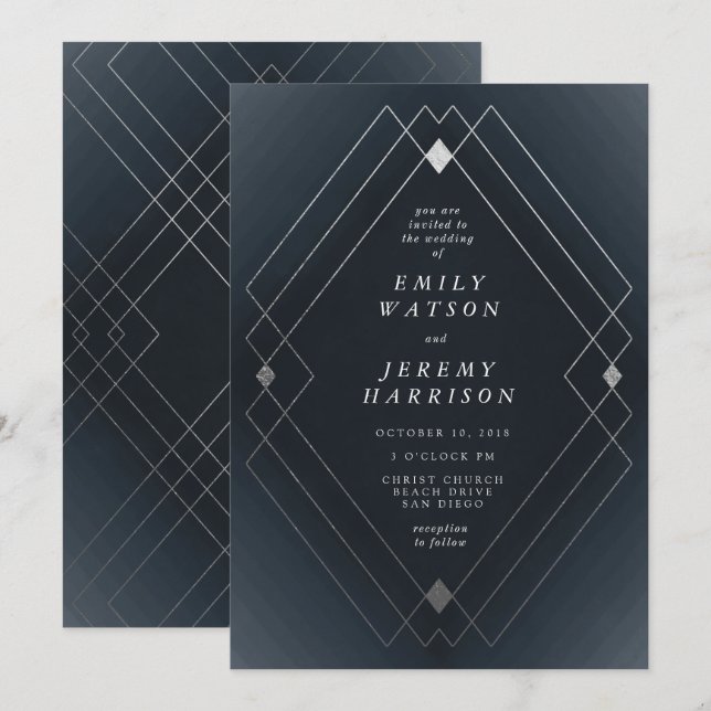 Silver Diamond Navy Geometric Deco Gatsby Wedding Invitation (Front/Back)