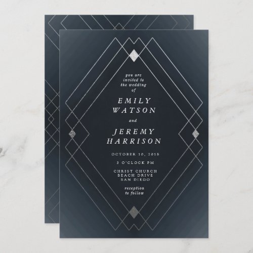 Silver Diamond Navy Geometric Deco Gatsby Wedding Invitation