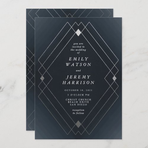 Silver Diamond Navy Geometric Deco Gatsby Wedding Invitation