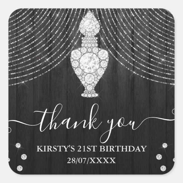 Silver Diamond Perfume Bottle Birthday Party Square Sticker (Front)