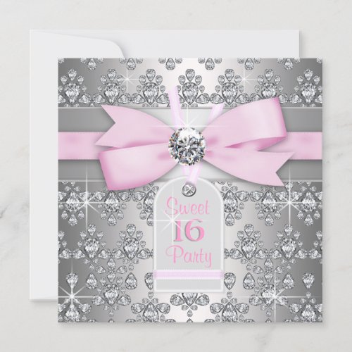 Silver Pink Diamond Pink &amp; Gray Sweet 16 Birthday Announcements