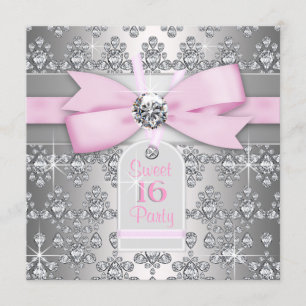 Silver Diamond Pink and Gray Birthday Party Invitation