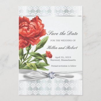 Silver Diamond & Red Flower Elegant Save The Date by jardinsecret at Zazzle