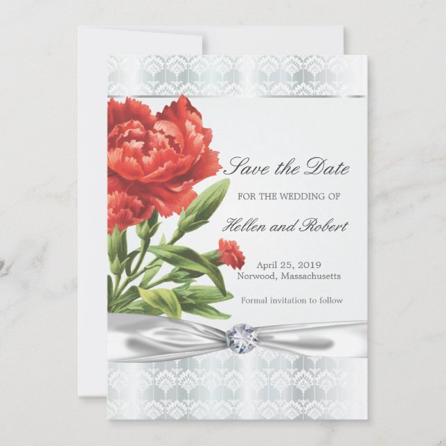 Silver Diamond & Red Flower Elegant Save the Date (Front)