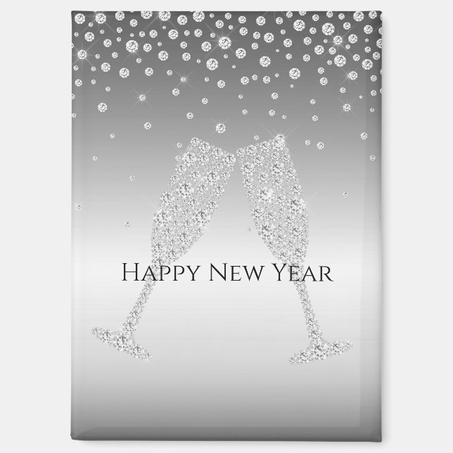 Silver Diamond Sparkle Champagne Glass New Year's Magnet (Front)