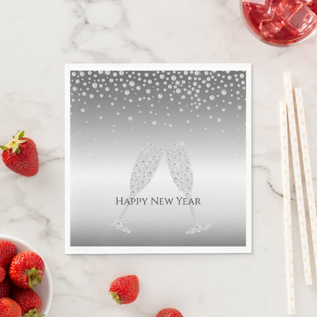 Silver Diamond Sparkle Champagne Glass New Year's Napkins (Insitu)