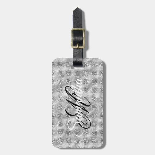 Silver Diamond Studded Foil Fancy Monogram Luggage Tag
