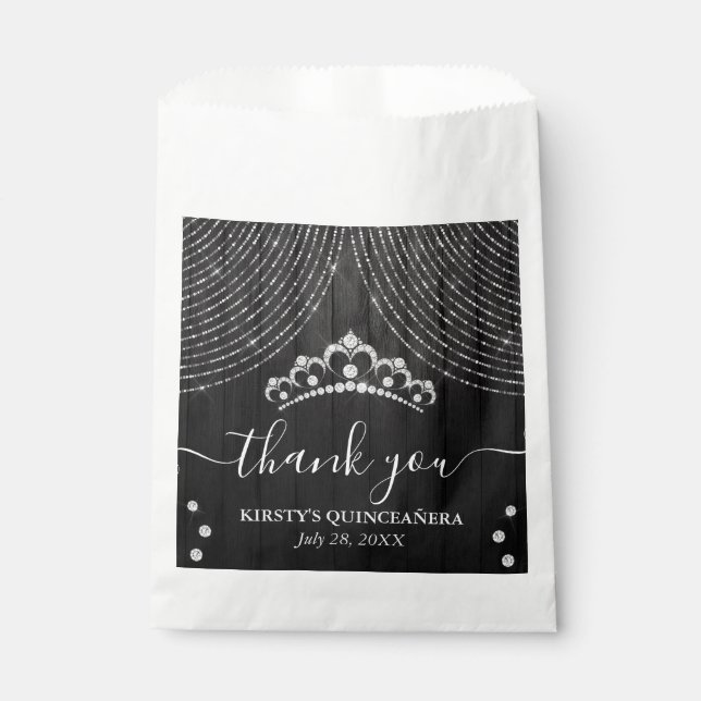 Silver Diamond Tiara on Black Wood Quinceanera Favor Bag (Front)