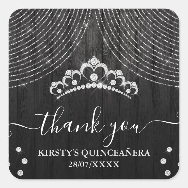 Silver Diamond Tiara on Black Wood Quinceanera Square Sticker (Front)