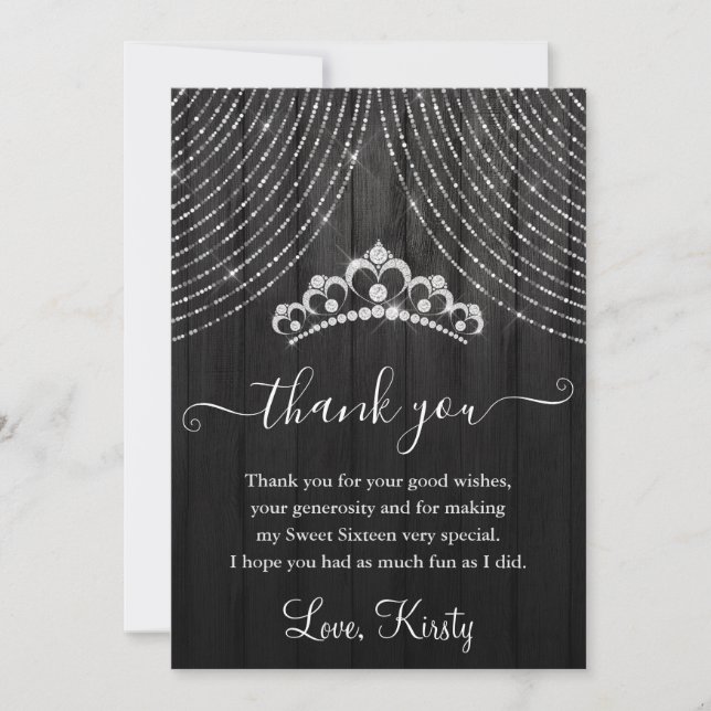 Silver Diamond Tiara on Black Wood Sweet Sixteen Thank You Card (Front)